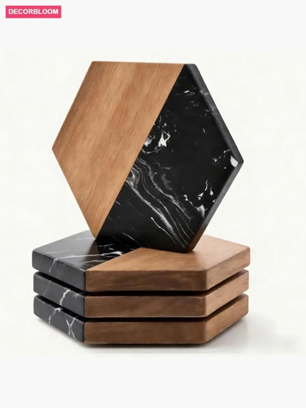 Marble Wood Coasters Set of 4 - Hexagonal Drink Coasters for Coffee Table
